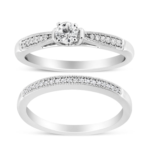 Bids.com .925 Sterling Silver 1/3 Cttw Diamond Classic Engagement Ring Bridal Set with Milgrain (I-J Color, I3 Clarity) - Ring Size 7 Rings White Smoke 7 / White.Sterling Silver,6 / White.Sterling Silver,5 / White.Sterling Silver,10 / White.Sterling Silver,8 / White.Sterling Silver,9 / White.Sterling Silver