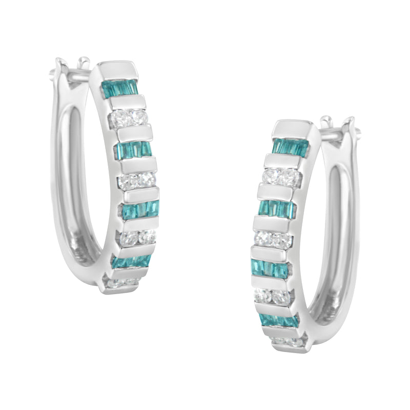Bids.com 10k White Gold Round and Blue Baguette 1/2 cttw Diamond Hoop Earrings (I-J Color, I2-I3 Clarity) Earrings White Smoke White.Gold / 0.5