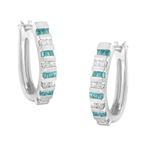 Bids.com 10k White Gold Round and Blue Baguette 1/2 cttw Diamond Hoop Earrings (I-J Color, I2-I3 Clarity) Earrings White Smoke White.Gold / 0.5