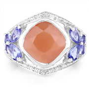 Bids.com 4.67 Carat Genuine Peach Moonstone and Tanzanite .925 Sterling Silver Ring Rings White Smoke size 7.00,size 6.00,size 8.00,size 9.00