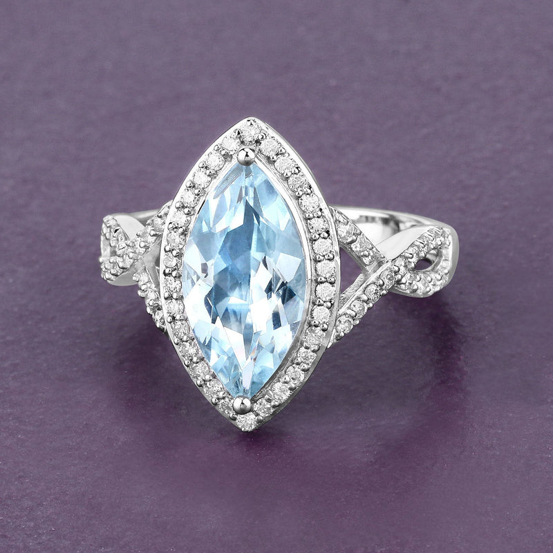 Bids.com 2.24 Carat Genuine Aquamarine and White Diamond 14K White Gold Ring Rings Dim Gray size 6.00,size 7.00,size 8.00,size 9.00