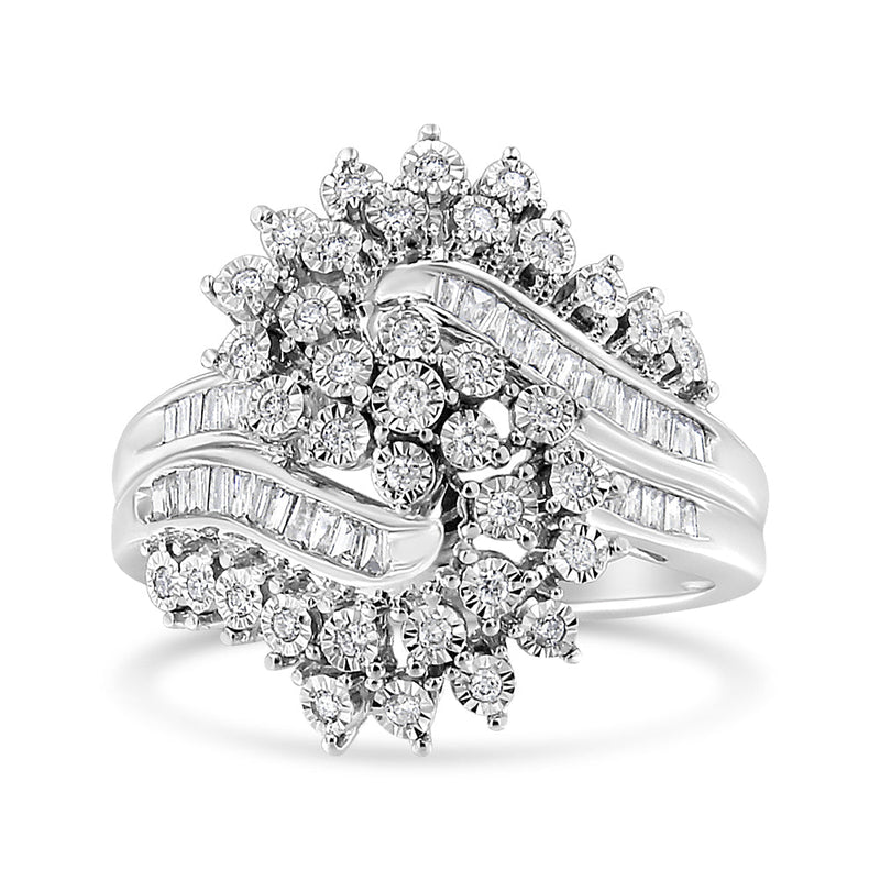 Bids.com 10K White Gold 1/2 Cttw Round and Baguette-Cut "S" Shaped Bypass Cocktail Ring (I-J Color, I1-I2 Clarity) - Size 7 Rings White Smoke 9 / White.Gold,8 / White.Gold,6 / White.Gold,7 / White.Gold
