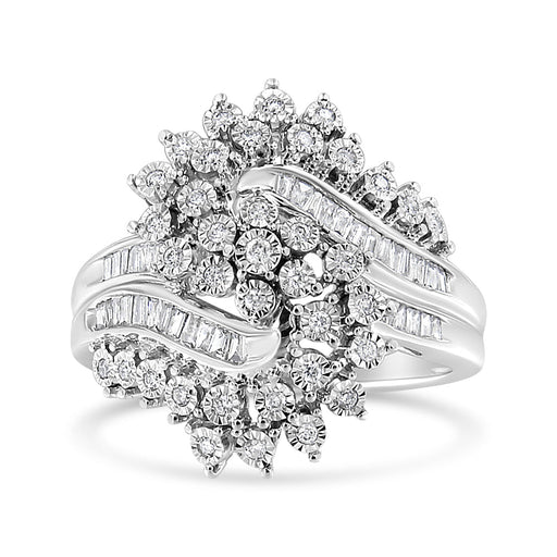 Bids.com 10K White Gold 1/2 Cttw Round and Baguette-Cut "S" Shaped Bypass Cocktail Ring (I-J Color, I1-I2 Clarity) - Size 7 Rings White Smoke 9 / White.Gold,8 / White.Gold,6 / White.Gold,7 / White.Gold