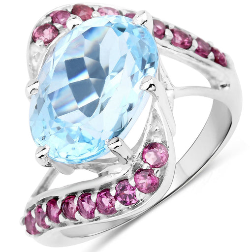 Bids.com 8.40 Carat Genuine Blue Topaz and Rhodolite .925 Sterling Silver Ring Rings White Smoke size 5.00,size 6.00,size 7.00,size 8.00,size 9.00