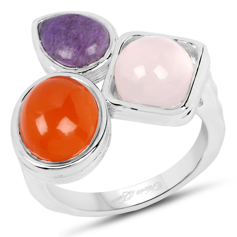Bids.com 5.21 Carat Genuine Rose Quartz, Carnelian And Charolite .925 Sterling Silver Ring Rings White Smoke size 6.00,size 7.00,size 8.00,size 9.00