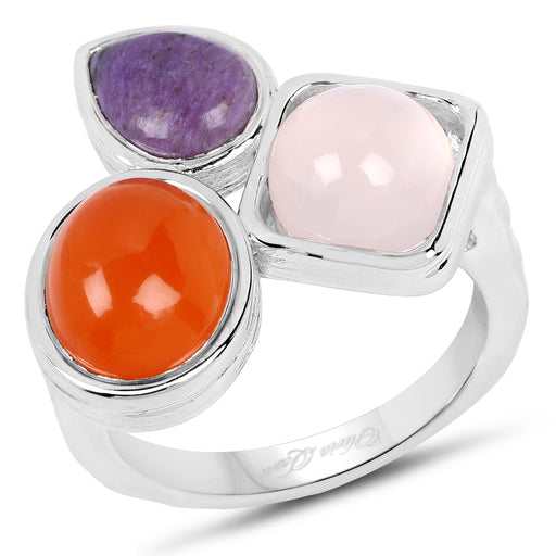 Bids.com 5.21 Carat Genuine Rose Quartz, Carnelian And Charolite .925 Sterling Silver Ring Rings White Smoke size 6.00,size 7.00,size 8.00,size 9.00