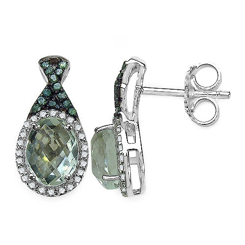 Bids.com 2.55 Carat Genuine Green Amethyst, Green Diamond & White Diamond .925 Sterling Silver Earrings Earrings White Smoke