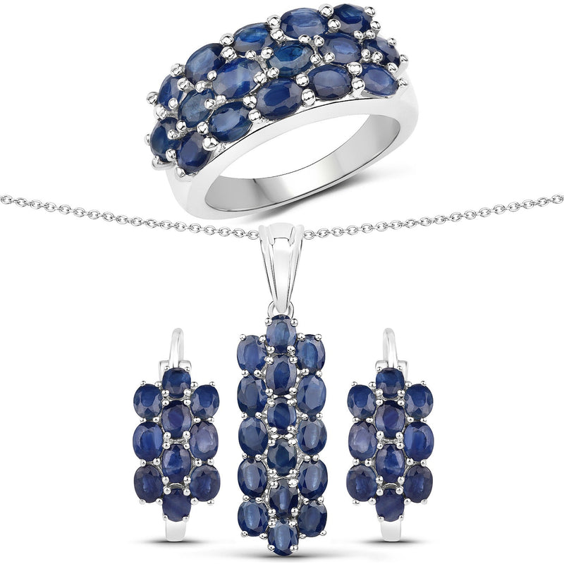 Bids.com 10.40 Carat Genuine Blue Sapphire .925 Sterling Silver 3 Piece Jewelry Set (Ring, Earrings, and Pendant w/ Chain) Jewelry Sets White Smoke size 6.00,size 7.00,size 8.00,size 5.00,size 9.00
