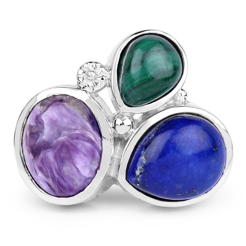 Bids.com 11.23 Carat Genuine Malachite, Charolite And Lapis .925 Sterling Silver Ring Rings White Smoke size 6.00,size 7.00,size 8.00,size 9.00