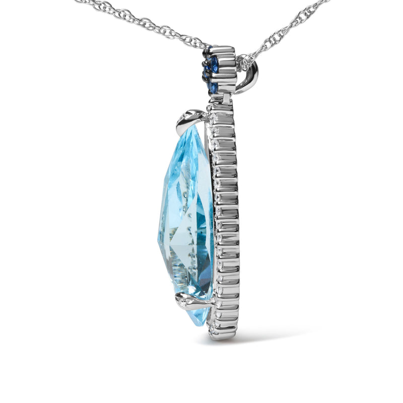 Bids.com 18K White Gold 3/8 Cttw Pave Set Diamond and Sky Blue Topaz and Blue Sapphire Gemstone Floral Teardrop Halo 18" Pendant Necklace (G-H Color, SI2-I1 Clarity) Necklaces White Smoke White.Gold / 18