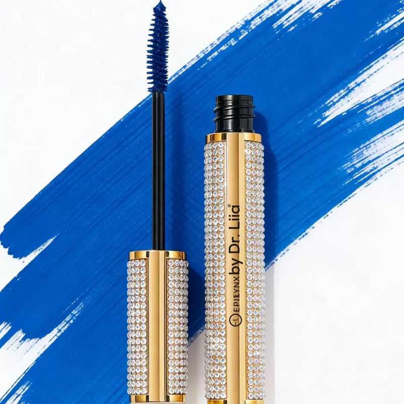 EpiLynx Mega Volume Vegan Mascara Black and Blue – Smudge-Proof with Handmade Diamond Case White Smoke Blue,Black