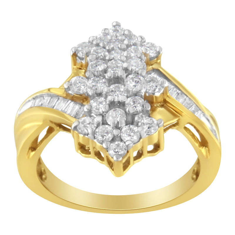 Bids.com 10K Yellow Gold Round And Baguette Cut Diamond Cluster Ring (1 1/10 Cttw, H-I Color, SI2-I1 Clarity) - Size 7 Rings White Smoke 7 / Yellow.Gold,8 / Yellow.Gold