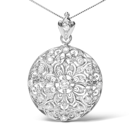 Bids.com 18K White Gold 1 5/6 Cttw Diamond Cluster Floral Filigree Brooch Pin and 18" Pendant Necklace (G-H Color, I1-I2 Clarity) Necklaces White Smoke White.Gold / 1.84