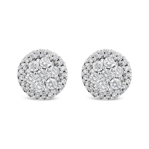 Bids.com AGS Certified 14K White Gold 1.0 Cttw Brilliant-Cut Diamond Halo-Style Cluster Round Button Stud Earrings (G-H Color, I1-I2 Clarity) Earrings White Smoke White.Gold / 1.03