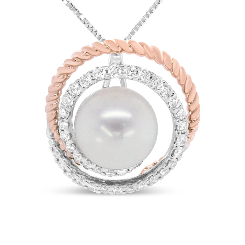 Bids.com 14K Rose and White Gold 3/8 Cttw Pave Diamond and 9mm Round Pearl Spiral Openwork 18" Pendant Necklace- (H-I Color, VS1-VS2 Clarity) Necklaces White Smoke WhiteRose.Gold / 18