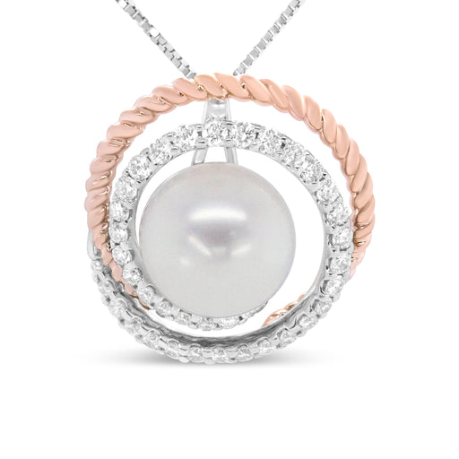 Bids.com 14K Rose and White Gold 3/8 Cttw Pave Diamond and 9mm Round Pearl Spiral Openwork 18" Pendant Necklace- (H-I Color, VS1-VS2 Clarity) Necklaces White Smoke WhiteRose.Gold / 18