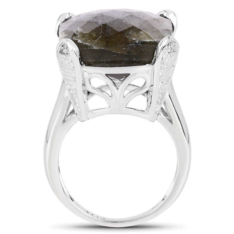 Bids.com 17.17 Carat Genuine Labradorite and White Topaz .925 Sterling Silver Ring Rings White Smoke size 6.00,size 7.00,size 8.00,size 5.00,size 9.00