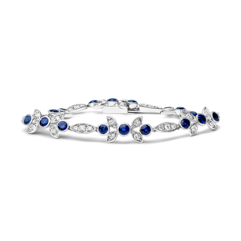 Bids.com 18K White Gold 1 3/4 Cttw Diamond and 3x3mm Round Blue Sapphire Gemstone Floral Link Bracelet (G-H Color, SI1-SI2 Clarity) - Size 7" Bracelets White Smoke White.Gold / 7