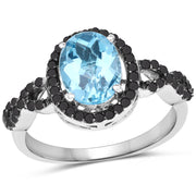 Bids.com 2.92 Carat Genuine Blue Topaz, Black Diamond & White Diamond .925 Sterling Silver Ring Rings White Smoke size 7.00,size 8.00,size 6.00,size 9.00,size 5.00,size 10.00