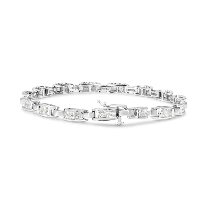 Bids.com 14K White Gold 2.0 Cttw Princess Cut Invisible Set Diamond Rectangular Link Bracelet (I-J Color, I1-I2 Clarity) - 7.25" Bracelets White Smoke White.Gold / 7.25