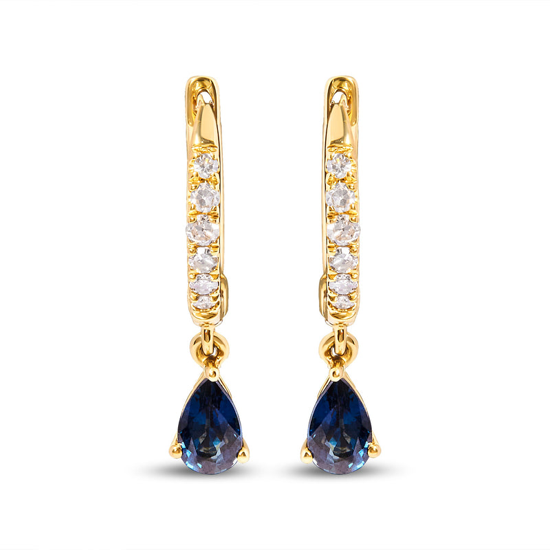 Bids.com 10K Yellow Gold Pear Blue Sapphire and 1/10 Cttw Diamond Drop and Dangle Huggy Hoop Earrings (H-I Color, I1-I2 Clarity) Earrings White Smoke Yellow.Gold / 0.118