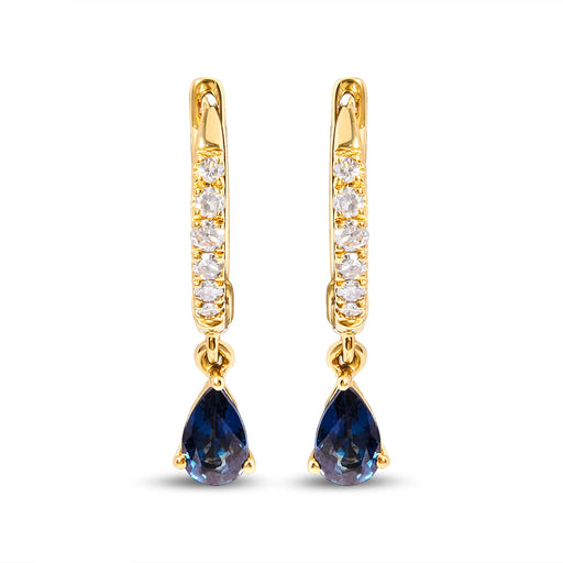 Bids.com 10K Yellow Gold Pear Blue Sapphire and 1/10 Cttw Diamond Drop and Dangle Huggy Hoop Earrings (H-I Color, I1-I2 Clarity) Earrings White Smoke Yellow.Gold / 0.118