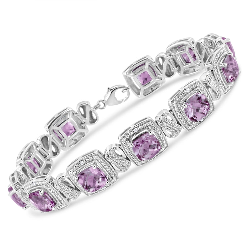 Bids.com .925 Sterling Silver 7x7 mm Cushion Cut Purple Amethyst and 1/10 cttw Round Cut Diamond Square Shape Tennis Bracelet (I-J Color, I1-I2 Clarity) - 7" Bracelets White Smoke White.Sterling Silver / 7