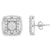 Bids.com .925 Sterling Silver 1.0 Cttw Round Diamond Double Halo and Disc Stud Earring (I-J Color, I2-I3 Clarity) Earrings White Smoke White.Sterling Silver / 1