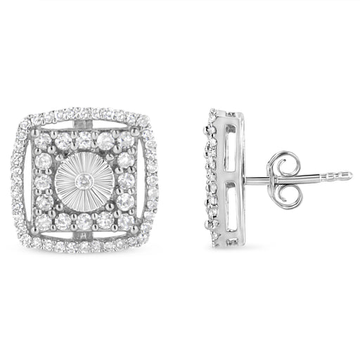 Bids.com .925 Sterling Silver 1.0 Cttw Round Diamond Double Halo and Disc Stud Earring (I-J Color, I2-I3 Clarity) Earrings White Smoke White.Sterling Silver / 1