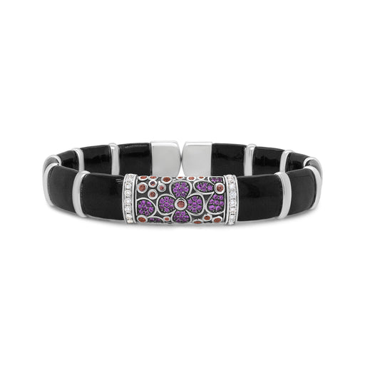 Bids.com .925 Sterling Silver Black and Brown Enamel 1/3 Cttw Round Diamonds and Pink and Orange Sapphire Gemstones Floral Statement Bangle Bracelet (F-G Color, VS1-VS2 Clarity) - Size 7.75" Bracelets Black White.Sterling Silver / 7.75