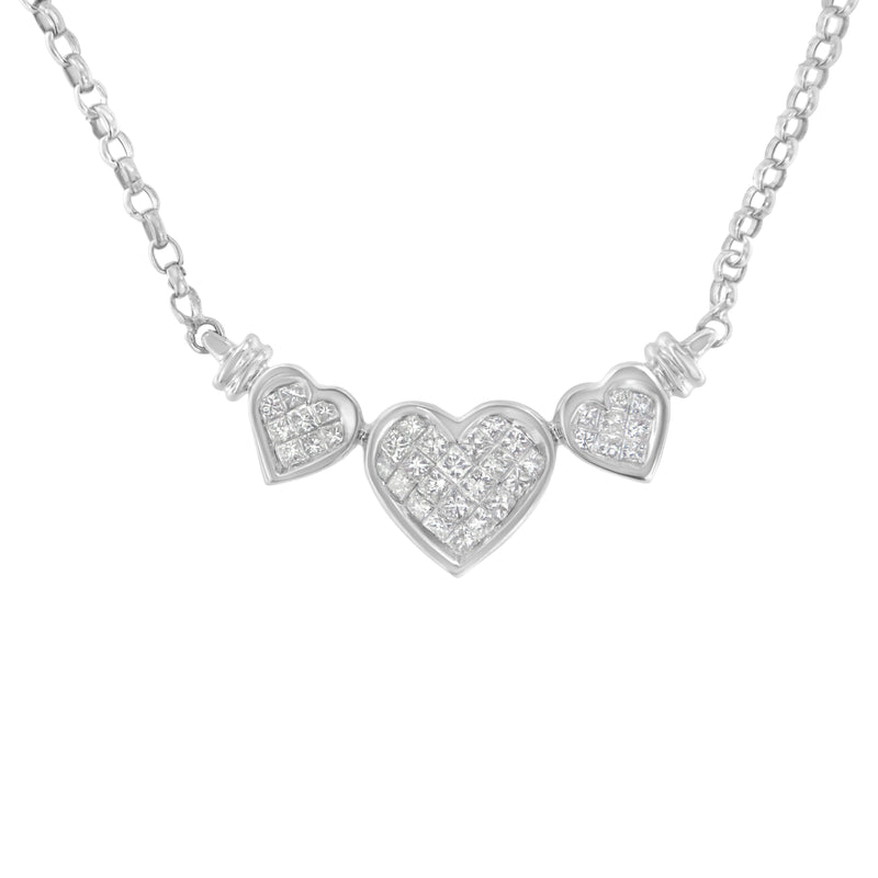 Bids.com 14K White Gold 1.0 Cttw Princess Cut Diamond Three Heart 18" Statement Pendant Necklace (H-I Color, SI2-I1 Clarity) Necklaces White Smoke White.Gold / 18