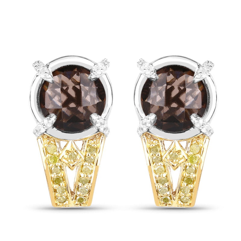 Bids.com 3.75 Carat Genuine Smoky Quartz, Yellow Diamond and White Diamond .925 Sterling Silver Earrings Earrings White Smoke