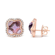 Bids.com 18K Rose Gold 3/8 Cttw Diamond and 11x11mm Clover-Cut Purple Amethyst Gemstone Clover Halo Stud Earrings (G-H Color, SI1-SI2 Clarity) Earrings White Smoke Rose.Gold / 0.42