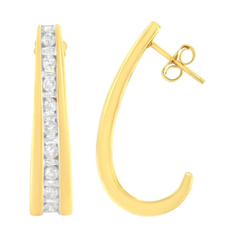 Bids.com 10K Yellow Gold 1 cttw Channel Set Diamond J-Hoop Earrings (H-I Clarity, I1-I2 Color) Earrings White Smoke Yellow.Gold / 1