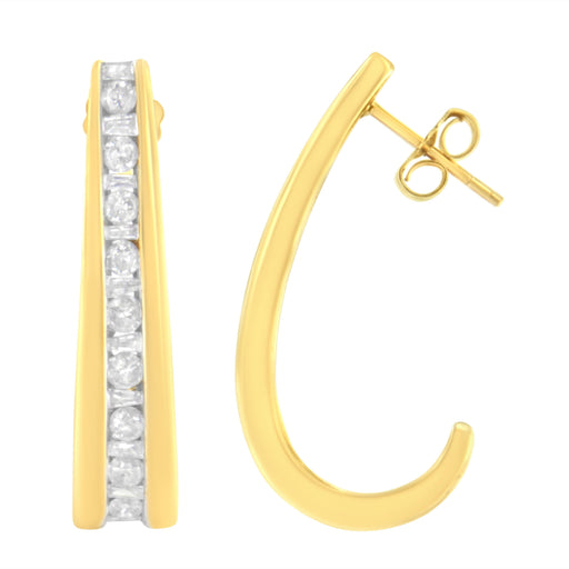 Bids.com 10K Yellow Gold 1 cttw Channel Set Diamond J-Hoop Earrings (H-I Clarity, I1-I2 Color) Earrings White Smoke Yellow.Gold / 1