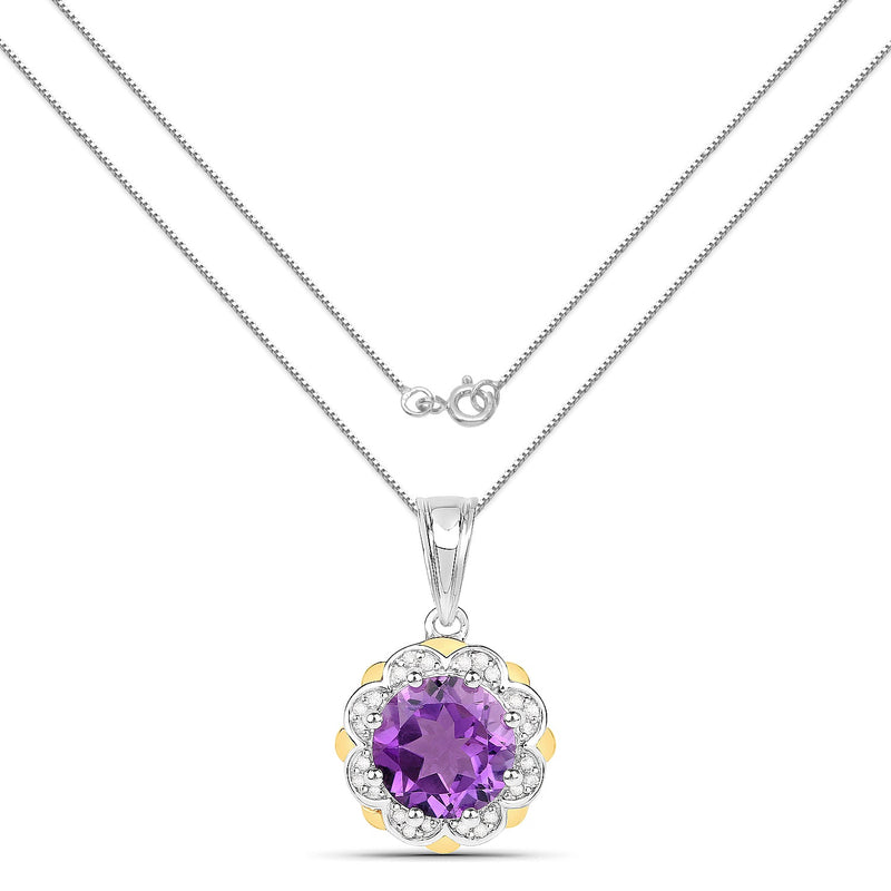 Bids.com 1.87 Carat Genuine Amethyst and White Diamond 14K Yellow Gold with .925 Sterling Silver Pendant Pendants White Smoke