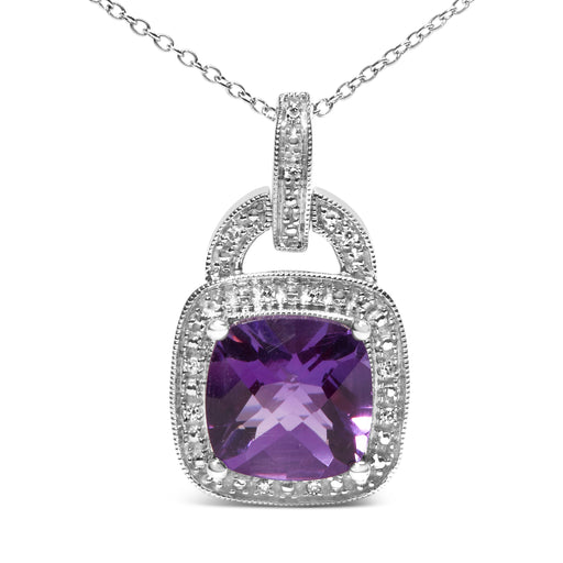Bids.com .925 Sterling Silver 10X10 MM Cushion Purple Amethyst and Diamond Accent Halo 18" Pendant Necklace (I-J Color, I1-I2 Clarity) Necklaces White Smoke White.Sterling Silver / 18