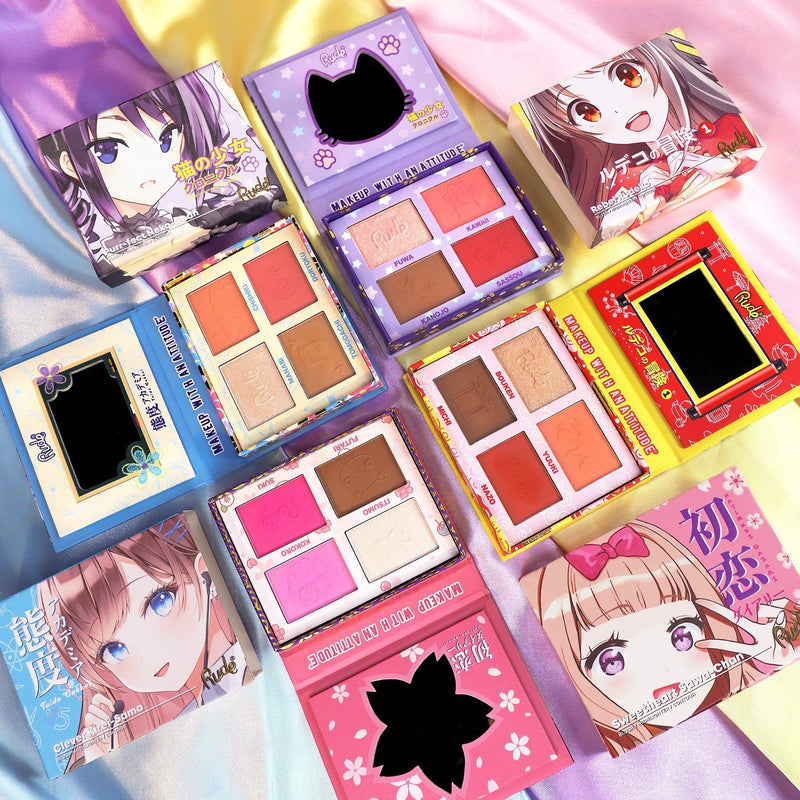 Rude Cosmetics Manga Collection Face Palette Face Palette Light Gray Clever Kirei-Sama,Purr-fect Neko-Chan,Rebel Rudeko,Sweetheart Sawa-Chan