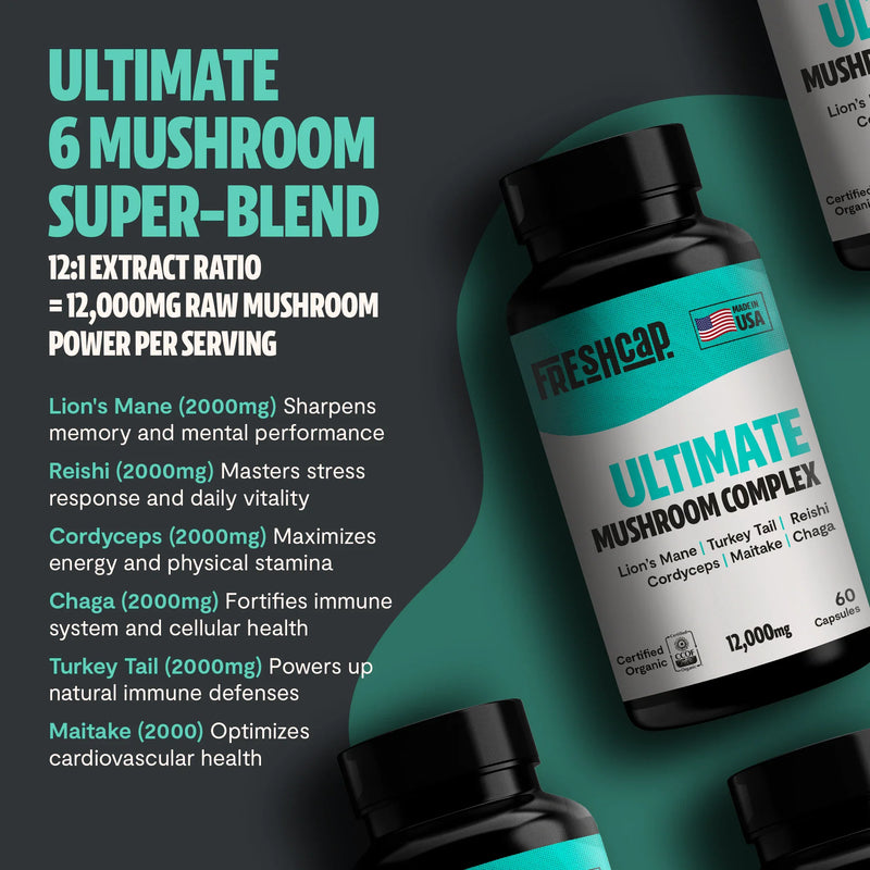 FreshCap Mushrooms Organic Mushroom Complex Supplement Capsules Capsules Dark Slate Gray 60 Capsules,120 Capsules,180 Capsules