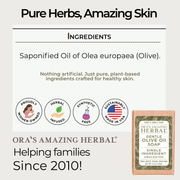 Ora's Amazing Herbal Gentle Olive Oil Soap, Unscented Soap White Smoke Just The Soap Bar,With Organic Cotton Soap Saver Bag