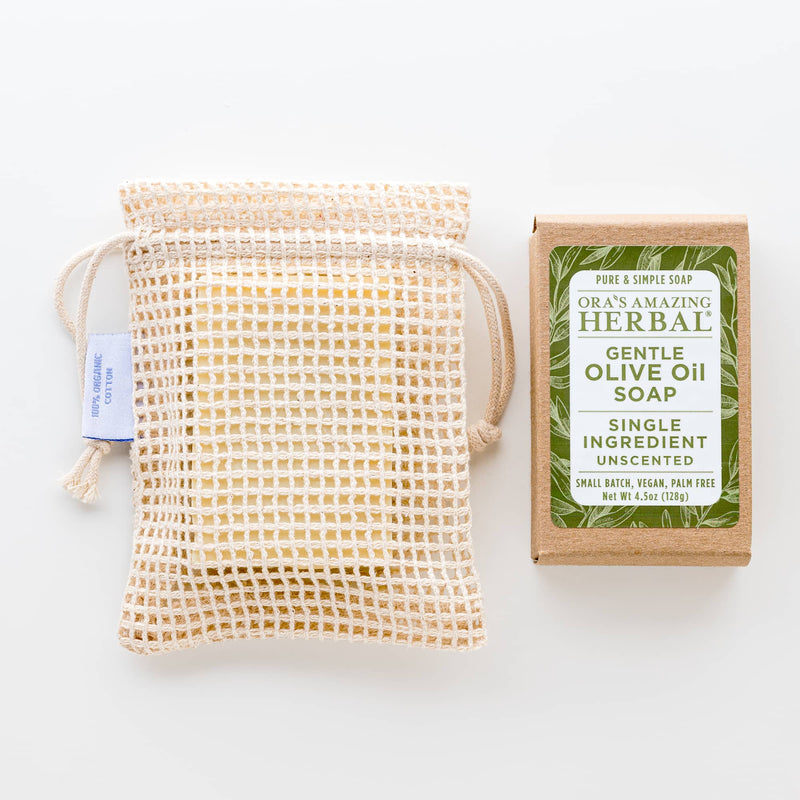 Ora's Amazing Herbal Gentle Olive Oil Soap, Unscented Soap Antique White Just The Soap Bar,With Organic Cotton Soap Saver Bag