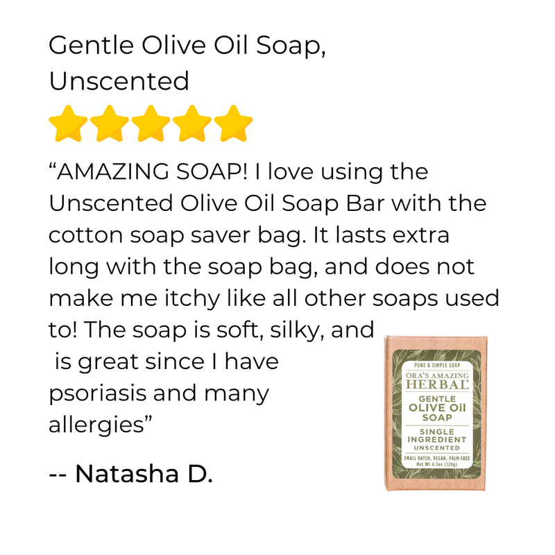 Ora's Amazing Herbal Gentle Olive Oil Soap, Unscented Soap White Smoke Just The Soap Bar,With Organic Cotton Soap Saver Bag