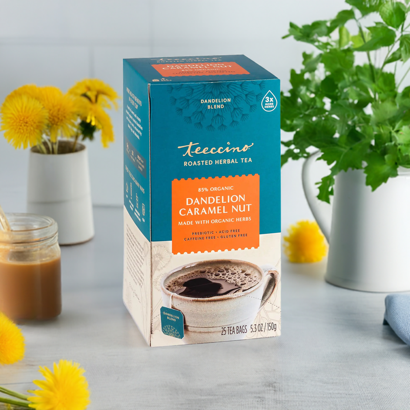 Teeccino Dandelion Caramel Nut Roasted Herbal Tea Herbal Tea Gray 25 tea bags,10 tea bags,50ct loose tagless tea bags