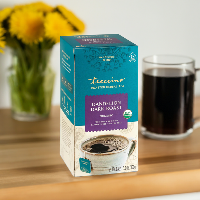 Teeccino Dandelion Dark Roast Roasted Herbal Tea Herbal Tea Light Gray 25 tea bags,10 tea bags,50 tagless eco-friendly tea bags