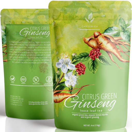 Gardenika Shop Ginseng Green Tea, Medium-Caffeine - Energy Boost - Organic & Kosher Loose Leaf Tea Olive Drab