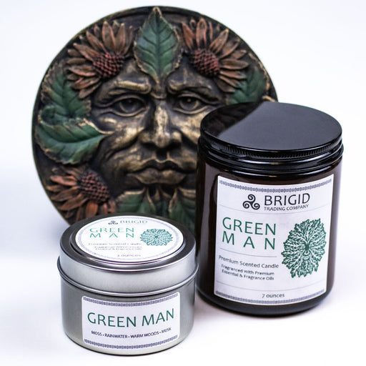 Brigid Trading Company Green Man Soy Wax Candle - Moss, Rainwater, Old Growth Forests, and White Musk Premium Scented Candle White Smoke 7oz amber jar,3oz pewter tin