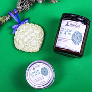Brigid Trading Company Green Man Soy Wax Candle - Moss, Rainwater, Old Growth Forests, and White Musk Premium Scented Candle Sea Green 7oz amber jar,3oz pewter tin