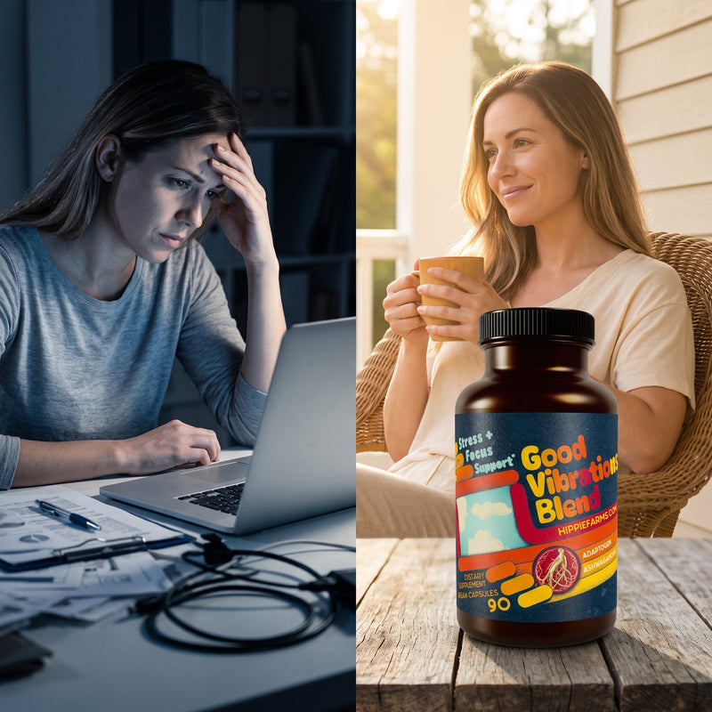 Hippie Farms Stress Support - Good Vibrations Blend - Ashwagandha, Lions Mane, & More Vitamins & Supplements Black