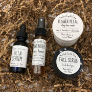 Rooted Earth Farm + Apothecary Botanical Skin Care Gift Set Face Masks + Scrubs Dark Olive Green kraft (brown),red + green,blue + white