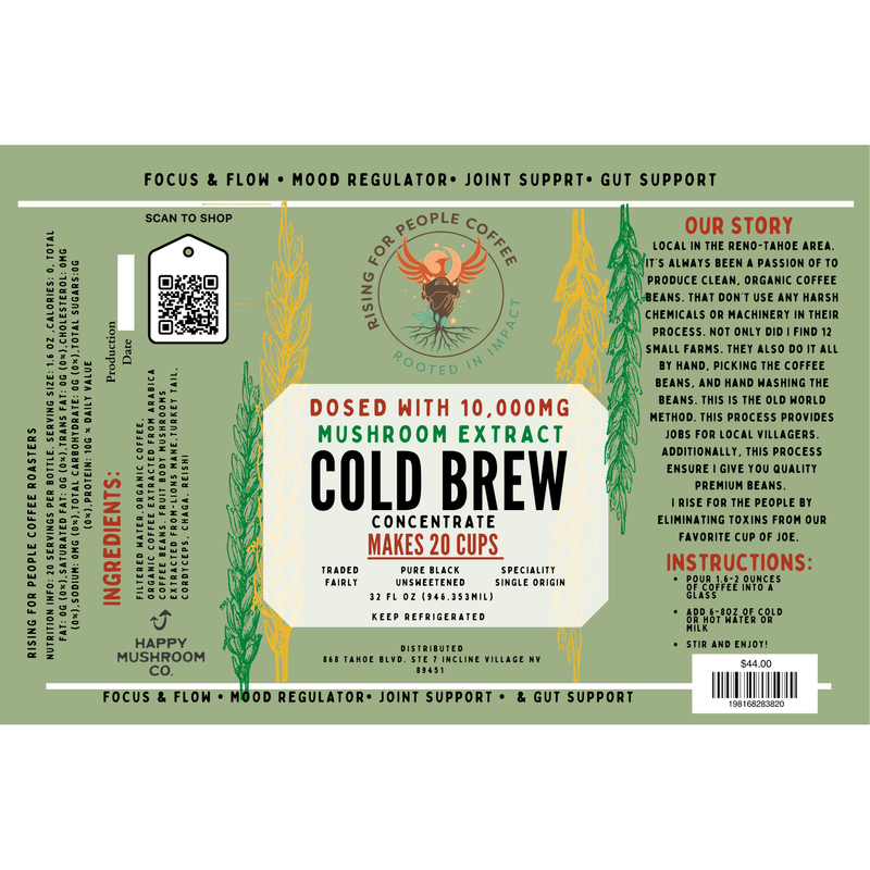 Rising For People Coffee Co. Functional Mushroom Cold Brew Concentrate Coffee Dark Sea Green 32oz,32oz -4pack,32oz - 6 pack